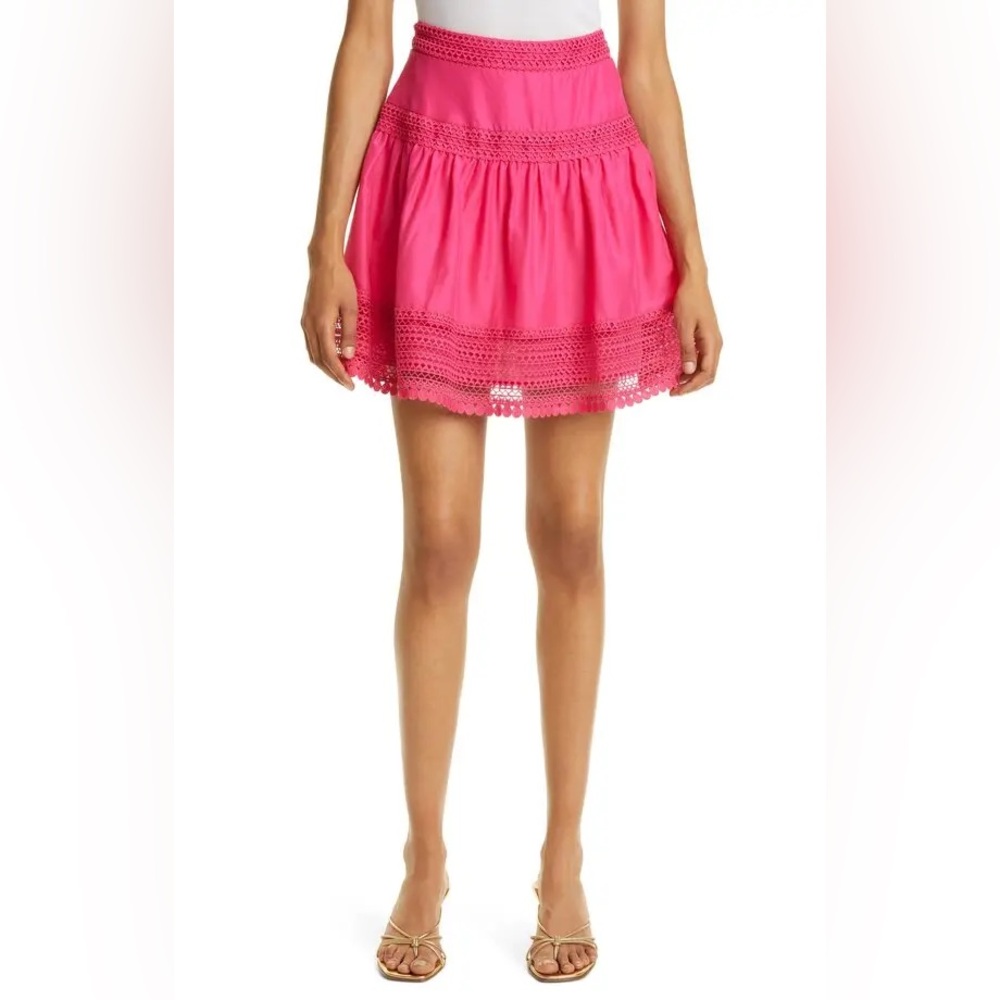NWT! Haute Hippie Catherine Lace Trimmed Fuscia Cotton Silk Mini Skirt Size 8/L - Picture 3 of 11